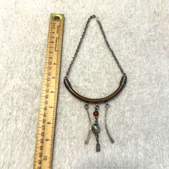 Tribal Silver Tone Bronze Statement Necklace Hook Clasp Closure - Picture 6 of 6